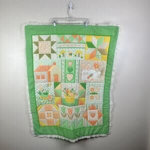 Vtg Quilt Square Calico Bunny Mushroom Fabric Panels Orange Green Patchwork